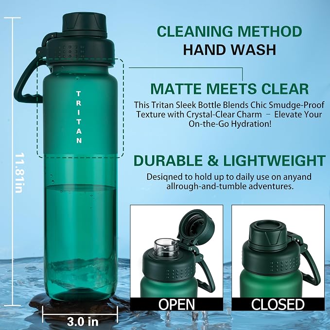 OLDLEY 32oz Water Bottle with Handle, BPA-Free Tritan Reusable Sports Water Bottle with Leak-Proof Dust Lid, Wide Mouth, Cup Holder Friendly, Half Frosted Clear Bottle for Gym,Travel, Work,Teal Green