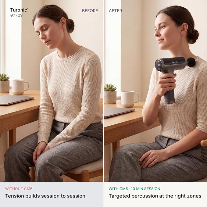 Turonic Professional Handheld Massage Gun - Deep Tissue Percussion Massager | 20 Speeds, 7 Heads, Quiet, Powerful, Portable, Cordless, Great for Athletes, Personal Use, Shoulder, Foot, Back Body, GM5