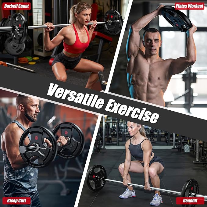 Gikpal Olympic Weight Plates, 2-Inch Three-Grip Rubber Coated Barbell Plates with Steel Hub, Cast Iron Weights for Strength Training & Home Gym, Pair or Sets (2.5–45LB)