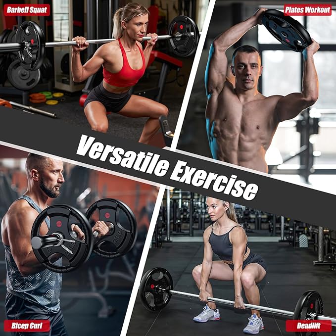 Gikpal Olympic Weight Plates, 2-Inch Three-Grip Rubber Coated Barbell Plates with Steel Hub, Cast Iron Weights for Strength Training & Home Gym, Pair or Sets (2.5–45LB)