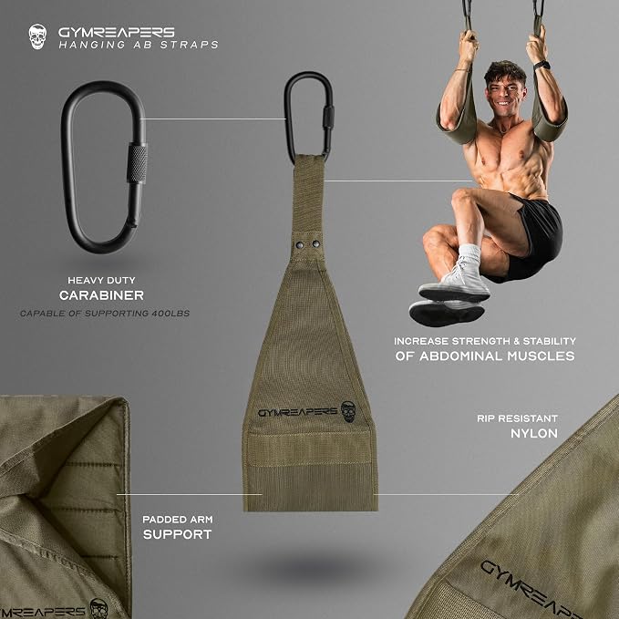 Gymreapers Hanging Ab Straps for Pull-Up Bar - Hang Bar Assist Strap & Strength Workout Equipment, Padded Adjustable Arm Supports with 2 Steel Carabiners for Leg Raises, Abdominal & Core Training