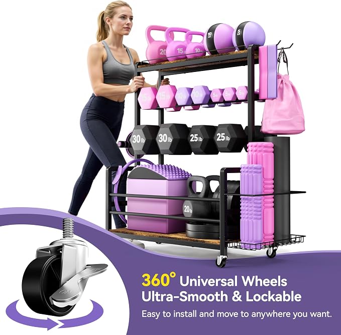 Dumbbell Rack with Wheels, 3-Tier Home Gym Storage Rack, Workout Equipment Organizer with Lockable Casters, Hooks, Side Basket and Wood Shelves