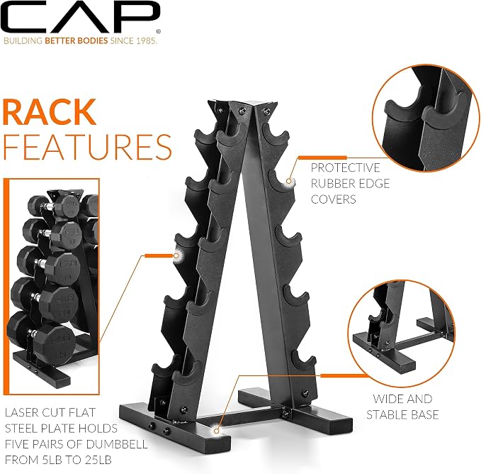 CAP Rubber Coated Hex Dumbbell Set with Storage Rack | 100–210 lb Options, Space-Saving Vertical Compact Storage for Home Gym Strength Training