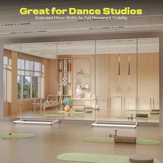 Hasipu 79"×79" Large Tri-Fold Full Length Rolling Mirror | Tempered Glass Movable Home Gym Mirror on Wheels with Stand for Gym, Dance Studio, Fitness Room, and Home