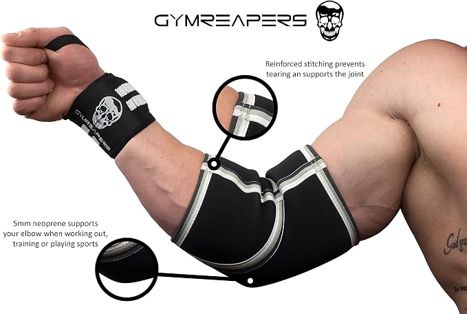 Gymreapers Elbow Sleeves for Weightlifting Powerlifting and Bench Press Support and Compression for Tendonitis Pain Relief 5mm Neoprene Training Gear for Men and Women