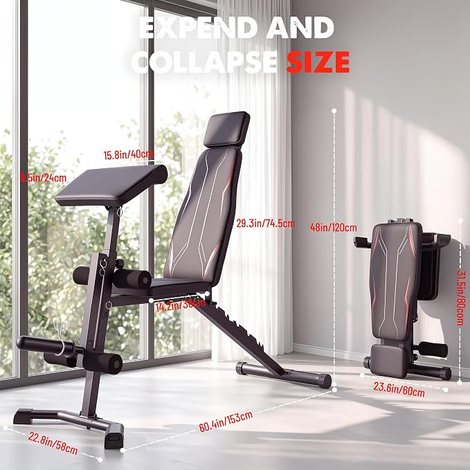 OPPSDECOR Adjustable Weight Bench with Leg Extension and Preacher Curl Pad | Foldable Workout Bench, 10 Positions Incline Decline Flat Full Body Home Gym Strength Training, 800 lbs Capacity Bench Press