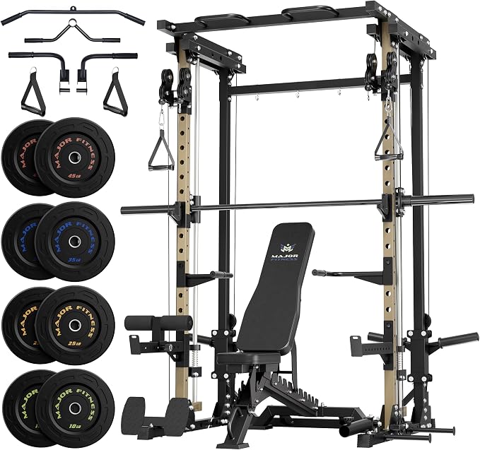 MAJOR FITNESS Drone3 Smith Machine, 2500lbs All-in-One Home Gym Power Rack with Dual Pulley System for Cable Crossover, Pull-Up Bars
