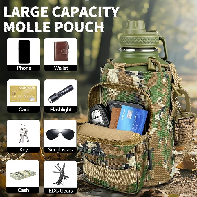 DEFUNX Half Gallon Water Bottle Insulated with Sleeve - Tactical 64 oz Stainless Steel Water Jug with MOLLE Water Bottle Pouch, Gym Water Bottles for Men Hiking Workout (Woodland Digital Camo)