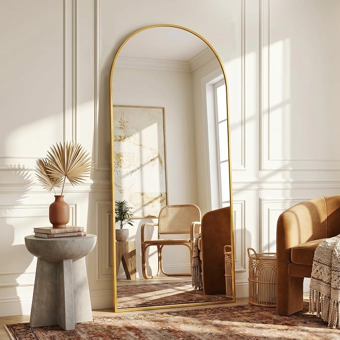 Full Length Mirror, 71"x27" Arched Floor Mirror Freestanding, Floor Standing Full Body Mirror with Stand for Bedroom, Hanging Mounted for Living Room Cloakroom, Gold
