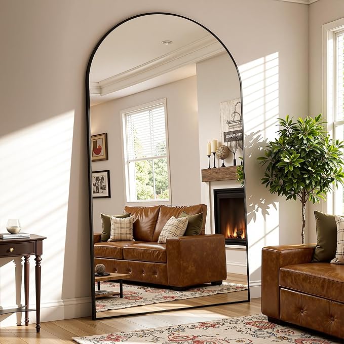 Full Length Mirror 90" L x 46" Full Body Standing Mirror for Bedroom, Living Room, Gym, Dorm - Shatter-Resistant & Easy Assembly, Arched Style Black