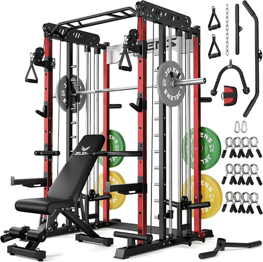 JELENS Smith Machine for Home Gym, Multi-Function M12 Power Cage with Cable Crossover System, Squat Rack with Smith Bar and More Attachment
