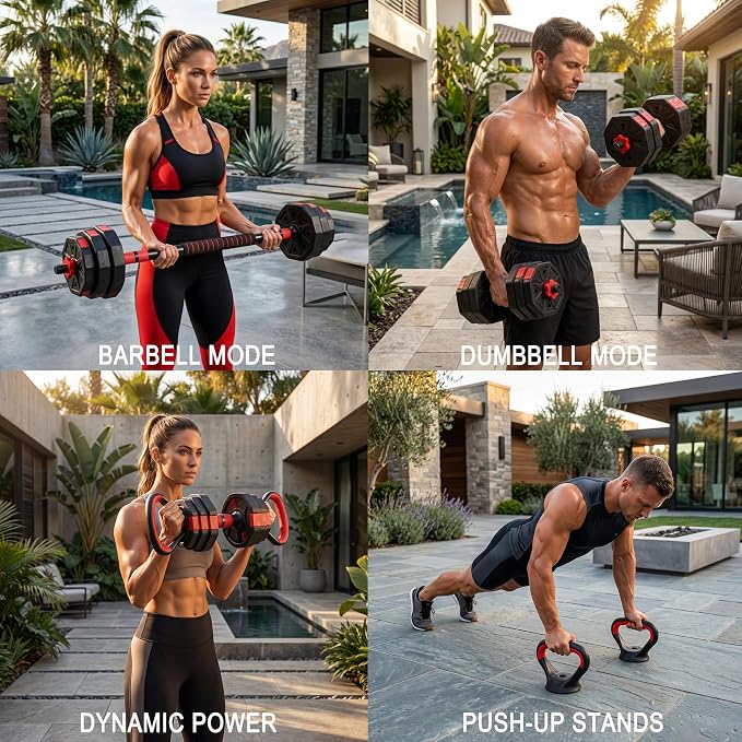 6-in-1 Adjustable Dumbbell & Barbell Weight Set, 45LB Octagon Anti-Roll Iron Sand & Cement Composite Weights, All-in-One Home Gym Equipment with Kettlebell, Push-up Stands & Gloves