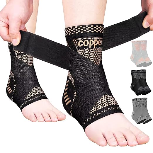 Copper Ankle Brace Adjustable Compression Support (1Pair, 2X-Large) | Removable Figure-8 Straps, Anatomical fit - Ankle Sprains & Tendonitis & Plantar Fasciitis & Sports & Injury Recovery