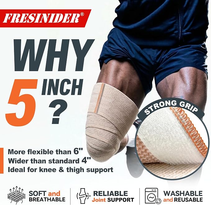 FRESINIDER Premium Elastic Bandage Wrap 5 Inch, 6 Pack, Hook and Loop | Wide 5-Inch Cotton Compression Wrap for Knee, Shoulder and Thigh; Firm Support for Sprains, Swelling and Sports Recovery.