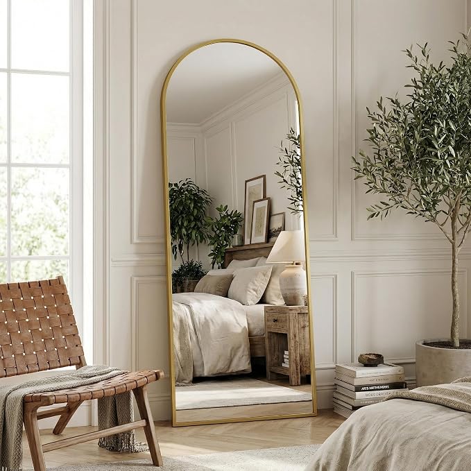 Suidia 58"x21" Arched Full Length Mirror with Stand, Full Body Mirror with Aluminum Frame, Freestanding/Leaning/Wall-Mounted, Floor Mirrors for Bedroom, Living Room, Entryway, Dressing Room, Gold