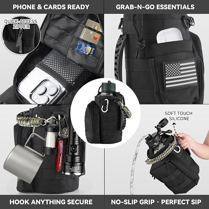 KXIAOCHEN Insulated Water Bottle with Strap, 48-Hour Cold, 2 Lids | Triple-wall insulation, lead-free 18/8 Stainless steel, paracord handle, carabiner clip, for gym, hiking, camping and travel