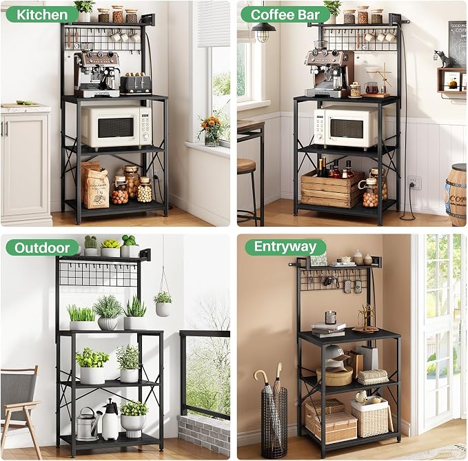 SNTD Bakers Rack with Power Outlet, Microwave Stand, Black, 23.5" W | Coffee Stand, 4 Tiers Kitchen Storage Shelves, Wire Grid Panel, 10 Hooks, Metal Frame, Triple X-Shaped Reinforcement