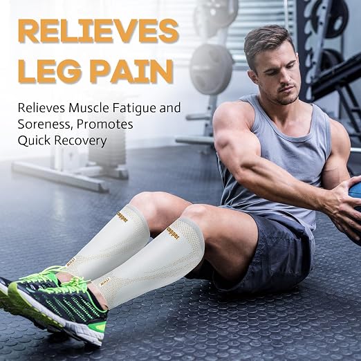 Copper Calf Compression Sleeves for Men Women, Shin Splint Relief, Grip | High Stretch Graduated Compression with Anti-Slip Grip | Breathable & Smooth Lining Footless Design for Runner, Light Gray