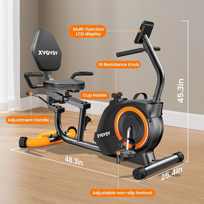Recumbent Exercise Bike for Home, Recumbent Stationary Bikes for Seniors | Quiet Recumbent Bikes for Seniors & Adults, 16-Level Resistance, Adjustable Seat, Supports 400LB, Pulse Sensors & LCD Display