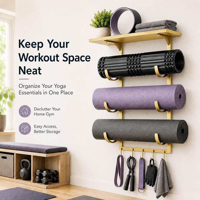 Wall Mount Yoga Mat Storage Rack, Heavy Duty Iron Organizer with 3-Tier J-Hooks, Wide Top Shelf and 5-Hook Bottom Rail for Yoga Mats, Foam Rollers, Blocks and Home Gym Accessories