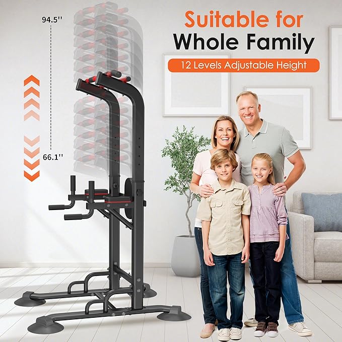 SogesPower Pull Up Bar Station Power Tower,12-Level Adjustable Heights | 66.1" to 94.5"Pull Up Dip Station for Home Gym, Pull Up Bar Stand Dip Bar Strength Training Fitness Equipment