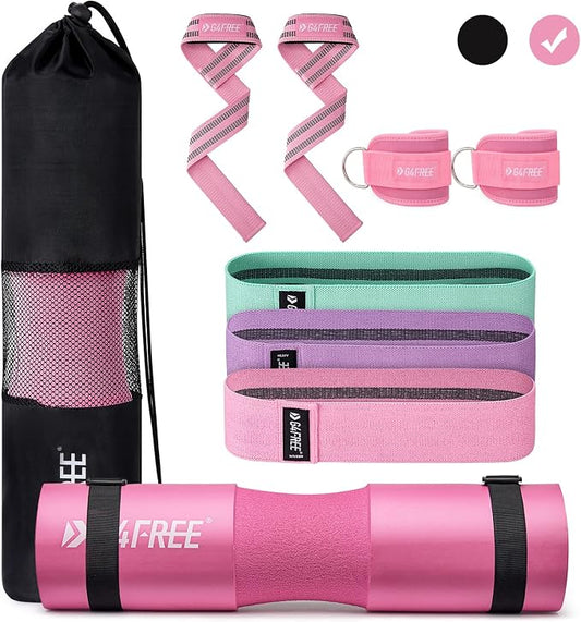 G4Free 7/9Pcs Barbell Pad Set for Squat, Hip Thrusts, Lunges, Leg day | Standard Olympic Bars with 2 Gym Ankle Safety Straps, 3 Hip Resistance Bands, 2 Lifting Strap, Barbell Pad, and Carry Bag