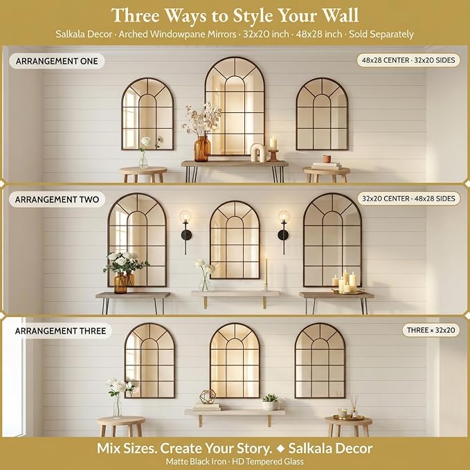 Black Arched Window Mirror | Farmhouse Decorative Wall Mirrors for Living Room, Bedroom, Entryway, Bathroom Vanity, Fireplace Mantel | Window Pane Mirror Wall Decor | Arch Mirror Modern Accent Décor