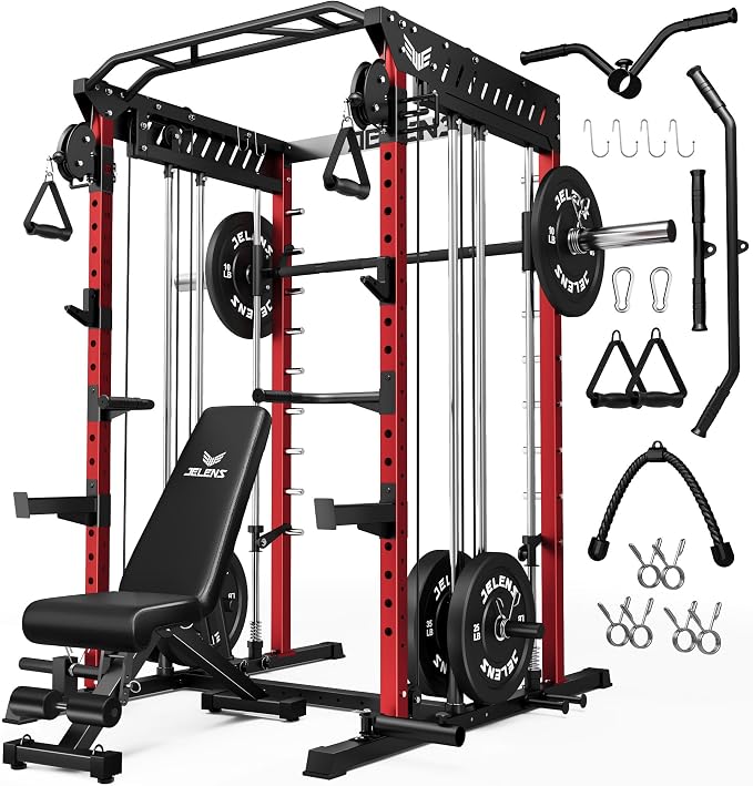 JELENS M21 Smith Machine, Multi-Function Power Cage with Dual Pulley Cable Crossover System, 2000LBS All-in-One Squat Rack with Smith Bar and Attachments for Home Gym