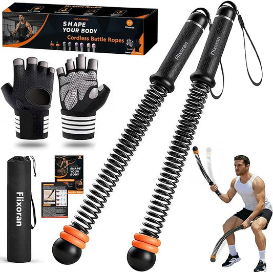 Cordless Battle Ropes Adjustable Trainer, Ropeless Weighted Portable Exercise Equipment for Home Gym Workouts, Compact Arm Strength for Men Women, Heavy Flex Rope Stick Fitness Gift