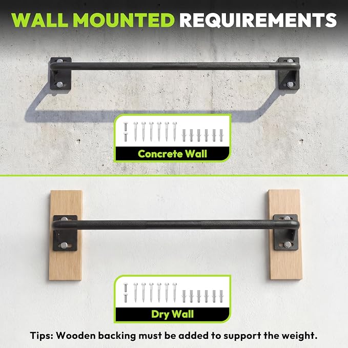 HANDBODE Wall Mounted Pull Up Bar for Doorway, 52''/36'' Chin Up Bar | 500 lb Capacity, Thickened Steel Construction, Joist Mounted