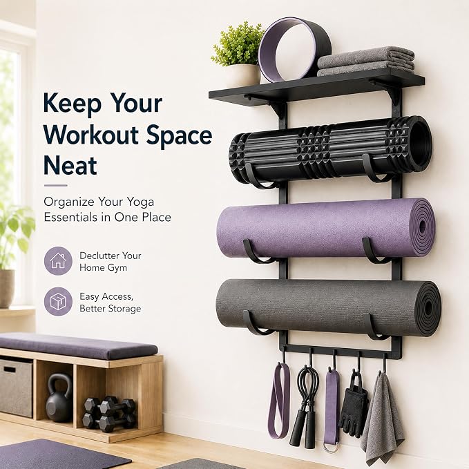 Wall Mount Yoga Mat Storage Rack, Heavy Duty Iron Organizer with 3-Tier J-Hooks, Wide Top Shelf and 5-Hook Bottom Rail for Yoga Mats, Foam Rollers, Blocks and Home Gym Accessories