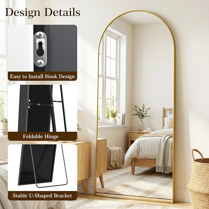 58"x18" Arched Full Length Mirror with Stand, Free Standing Leaning Wall Mounted Aluminum Alloy Frame Mirror for Bedroom Living Room Cloakroom, Gold