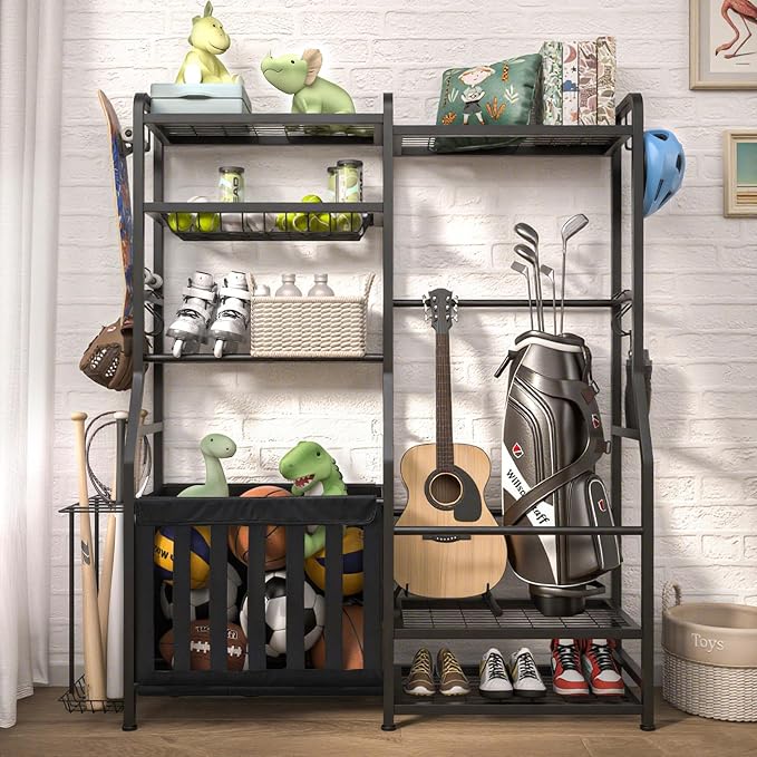 Faesun Garage Sports Equipment Organizer, Golf Bag Storage Rack, Heavy Duty Ball Holder with Basket & Hooks, Indoor/Outdoor Basketball Storage Bins for Toy Sports Gear Storage
