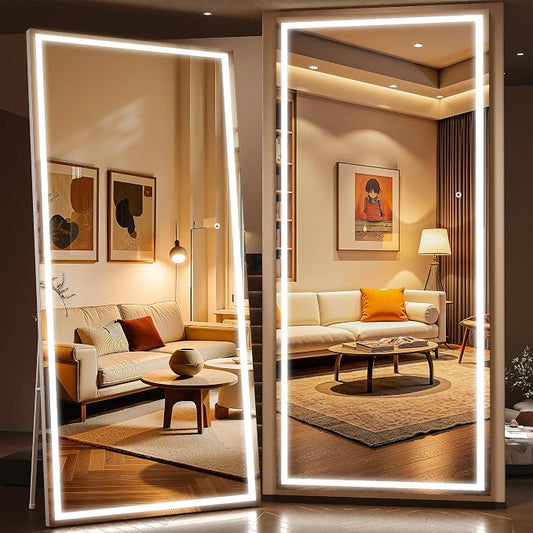 95" x 40" Full Length Mirror with Lights, Large LED Lighted Floor Standing Body Mirror, Dimmable & 3 Color Lighting for Home Gym, Cloakroom, Living Room, Tempered Glass, White Frame