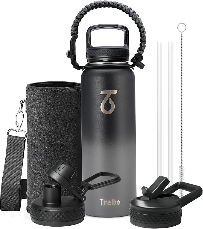 Trebo Water Bottle Insulated 40 oz with 3 Lids, Paracord Handle & Sleeve | Stainless Steel Flask Vacuum, Triple Wall Copper Plated, Dishwasher Safe, Keeps Cold 48Hrs for Hiking, Gym, Wide Mouth