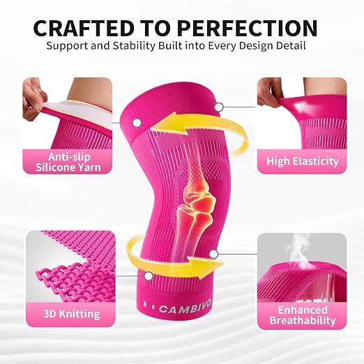 CAMBIVO Knee Brace for Women and Men (2 Pack), Ultra-Thin Lightweight Knee Compression Sleeve (Hot Pink, Large)
