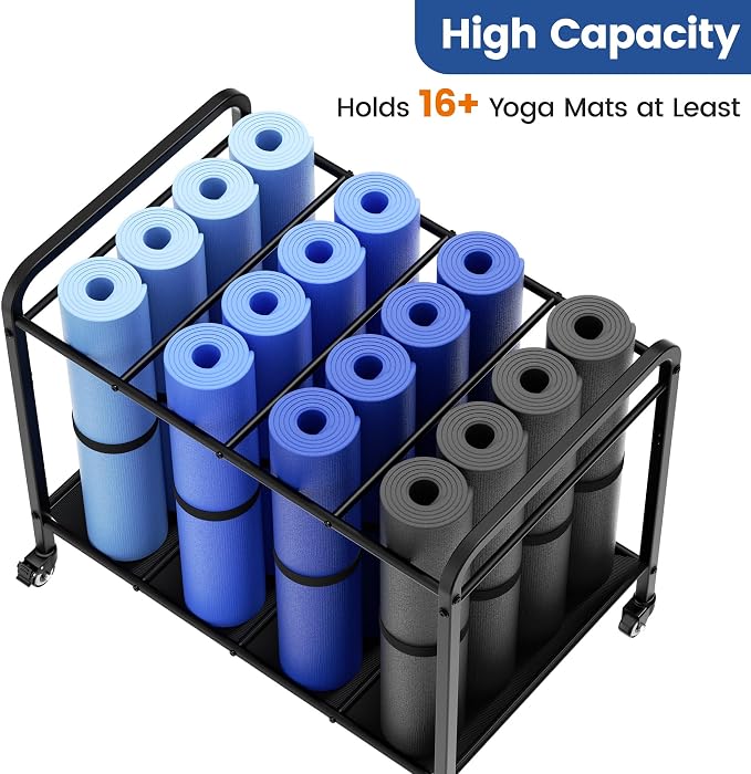 Yoga Mat Storage Rack Basket with Wheels for Foam Rollers, Metal, Home Gym | Floor-standing cart for yoga studios, gyms and fitness classes | Stores dumbbells and kettlebells with workout gear