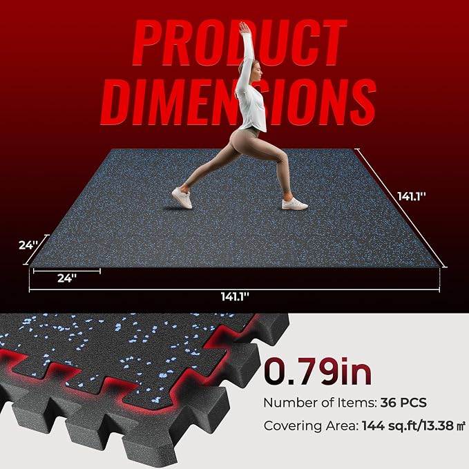 SUPERJARE 0.79'' Extra-Thick Exercise Equipment Mats, 36 Pcs 144 Sq Ft Rubber Top Floor Tiles with High Density EVA Foam, Interlocking Gym Flooring for Home Gym, Workout Mat, Black/Blue
