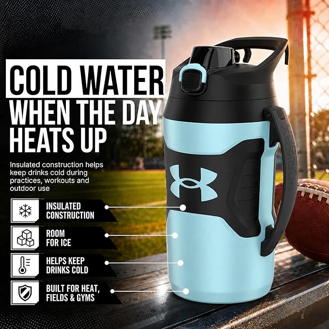 Under Armour Insulated Water Bottle with Handle & Fence Hook, Half Gallon Sports Water Jug, Leak-Resistant & BPA-Free for Baseball, Football & Gym - Breeze Blue/Black, 64oz