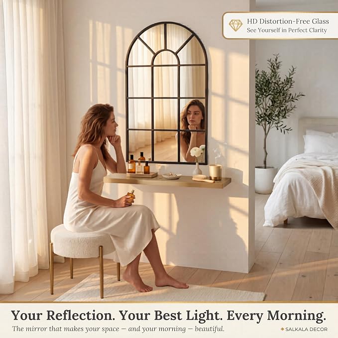 Black Arched Window Mirror | Farmhouse Decorative Wall Mirrors for Living Room, Bedroom, Entryway, Bathroom Vanity, Fireplace Mantel | Window Pane Mirror Wall Decor | Arch Mirror Modern Accent Décor