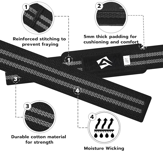 AQF Weight Lifting Straps, Padded Cotton Gym Wrist Straps for Deadlifts | 23" Extra-Long, Heavy-Duty Webbing, 5mm Neoprene Cushioning, Open-Loop Design, Sold as Pair, Ideal for Rows & Pull Workout