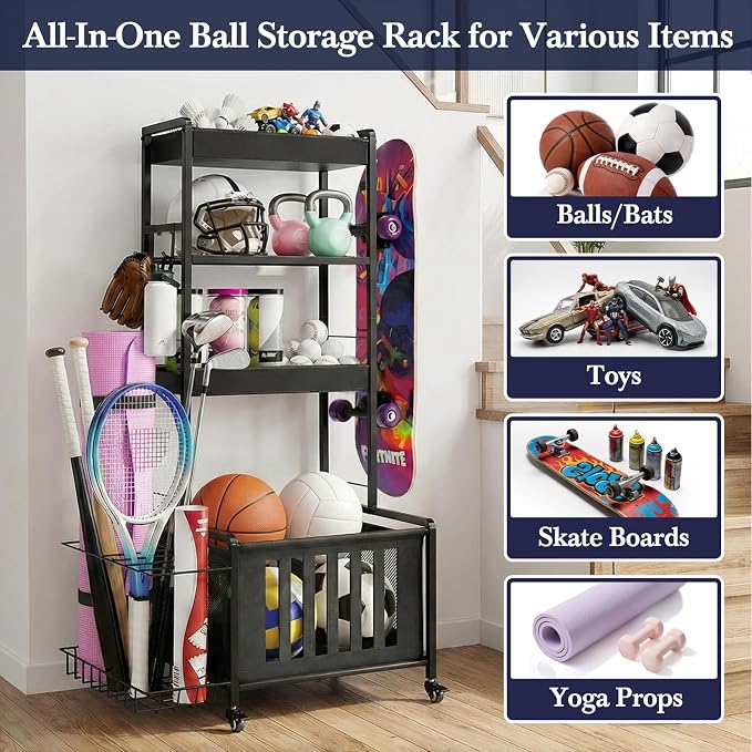Faesun Sports Equipment Organizer, Ball Storage Rack for Garage, 4-Tier Indoor/Outdoor Rolling Ball Carts with Wheels for Toy Sports Gear Storage, Black