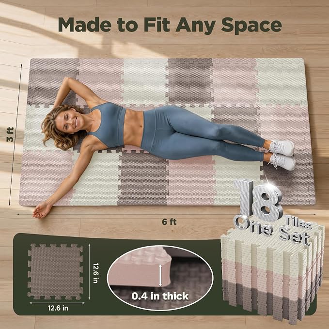 AIRHOP 18 PCS Gym Floor Mat, EVA Foam Puzzle Gym Mat, High-Density Interlocking Foam Floor Tiles for Home Gym, Play Workout Garage Kitchen Flooring 12.6"x12.6"x0.4"