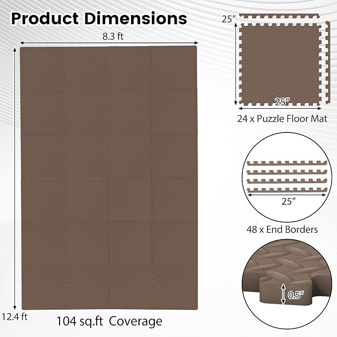 Tangkula 24 Tiles Exercise Flooring Mats with Border, Non-Slip EVA Foam Protective Mats, Elastic Puzzle Play Mats, 1/2" Interlocking Floor Mats for Home Gym, Fitness Room (Brown)