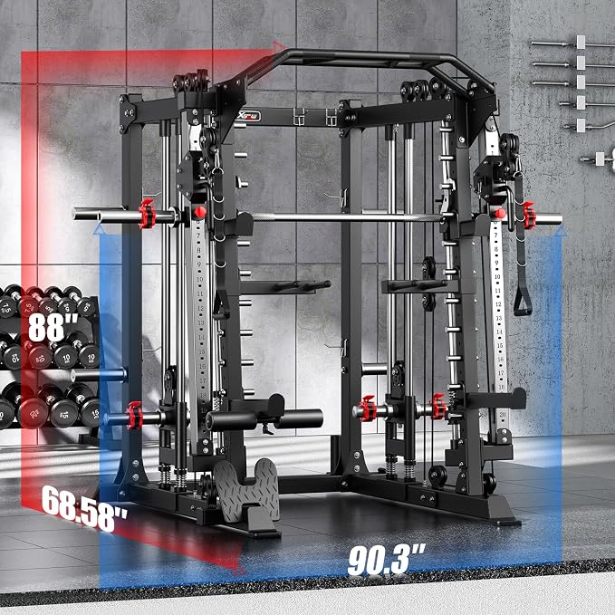 Multi-Purpose Squat Rack,Smith Machine Weight Rack Set with Cable Crossover System, Home Gym Power Racks, Power Racks and Packages
