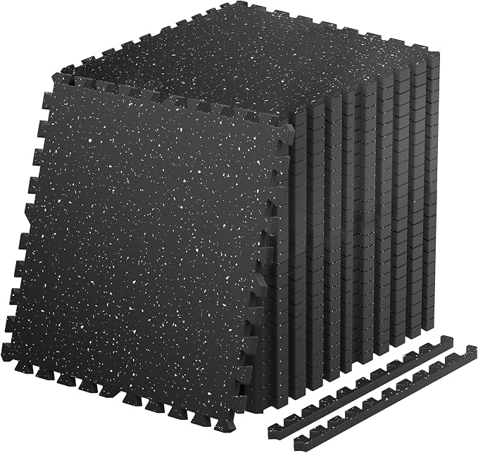 0.56'' Thick 24 Pcs 96 Sq Ft Non-Slip Rubber Top Exercise Equipment Mats, High Density EVA Foam Mats with Rubber Top, Interlocking Puzzle Gym Flooring for Home Gym, Workout Floor Mats, Black