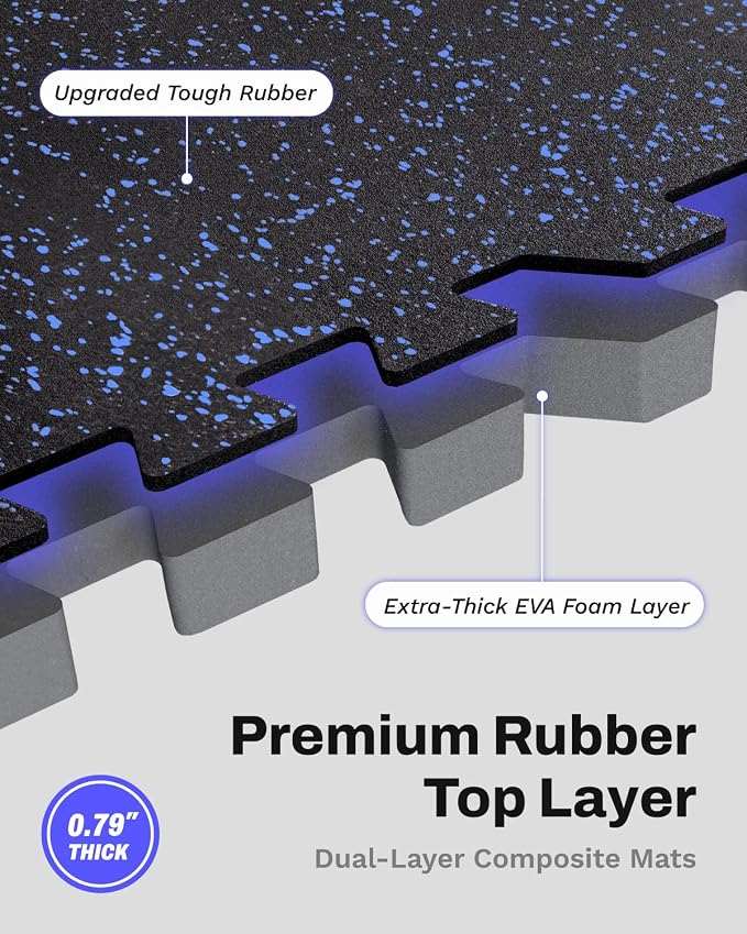 AIRHOP 0.79'' Extra-Thick 48 Sq Ft Rubber Top Gym Flooring for Home Gym | 12 Tiles, High Density EVA Foam, Waterproof & Non-Slip Rubber, Interlocking Puzzle Mats, Heavy Duty Floor Protection, 24"x24"