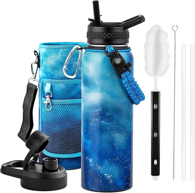 RAYMYLO Insulated Water Bottle 40 oz, Triple Wall Vacuum Stainless Steel | (Cold for 36Hrs, Hot for 18Hrs), Leak Proof & Non-BPA, Modern Water Flask Jug with Paracord Handle & Straw Spout Lids