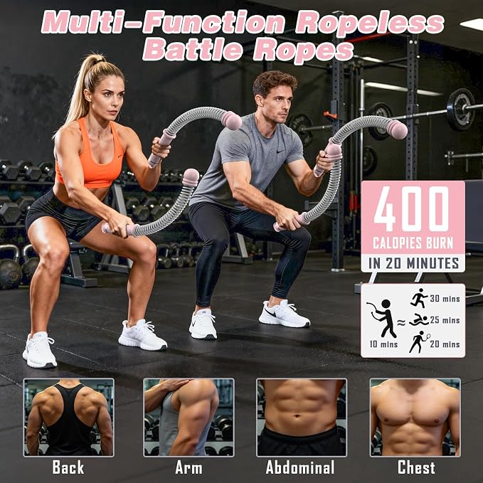 Ropeless Battle Ropes for Home Gym, Portable Cordless with Storage Bag & 8 Adjustable Weight Rings, Heavy Duty Fitness Rope for HIIT, Strength, High Calorie Burn & Low-Impact Cardio for Men & Women