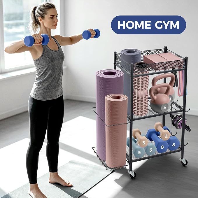 Yoga Mat Storage Rack with Wheels Home Gym Essentials | Foam Roller Yoga Blocks Dumbbells Kettlebells Resistance Bands Workout Exercise Organizer Fitness Gear Garage Organization